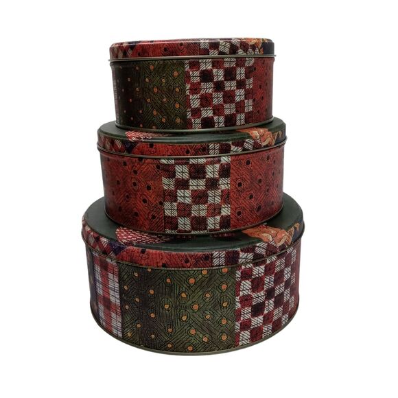 🎅 🏁Vtg Santa Nesting Tins Set of 3 Plaid Christmas Cookie Storage Farmhouse 🎁 - Picture 2 of 16